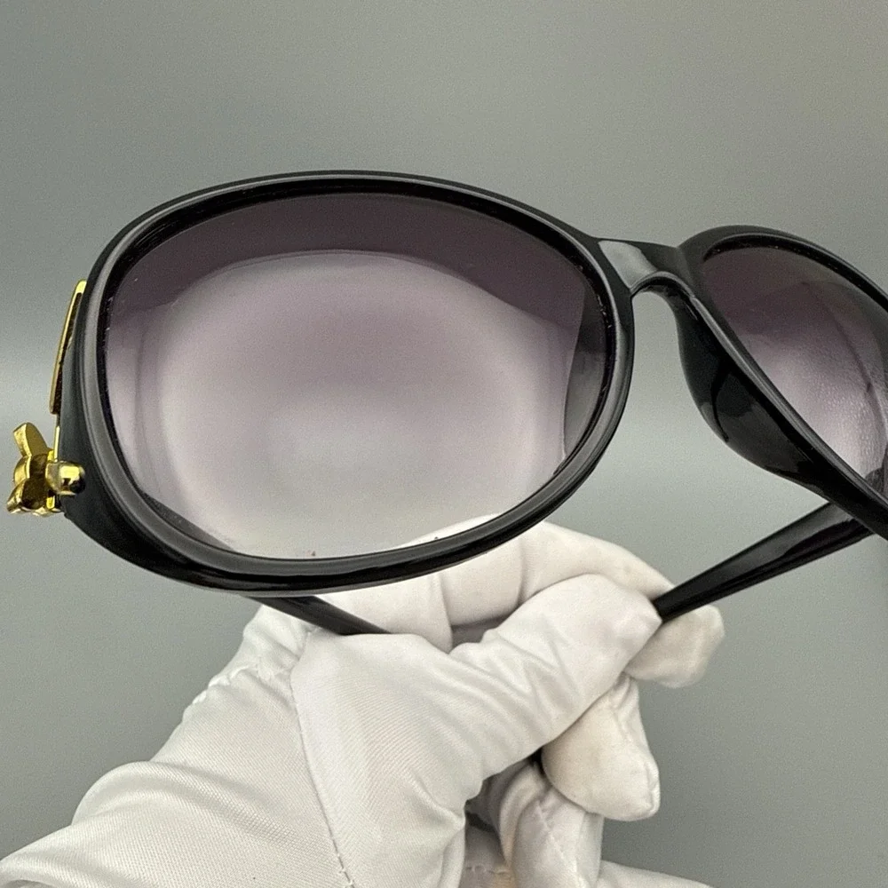 Oversized Round Black Sunglasses Gold Sculptural Temple Purple Gradient Lens HOT